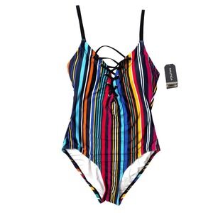 Nautica Womens Slimming Lace Up One Piece Swimsuit Multicolor Stripe Small NWT